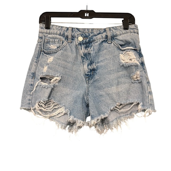 Vervet High Rise Criss Cross Distressed Cotton Denim Shorts Frayed Hem, Sz M - Picture 1 of 10